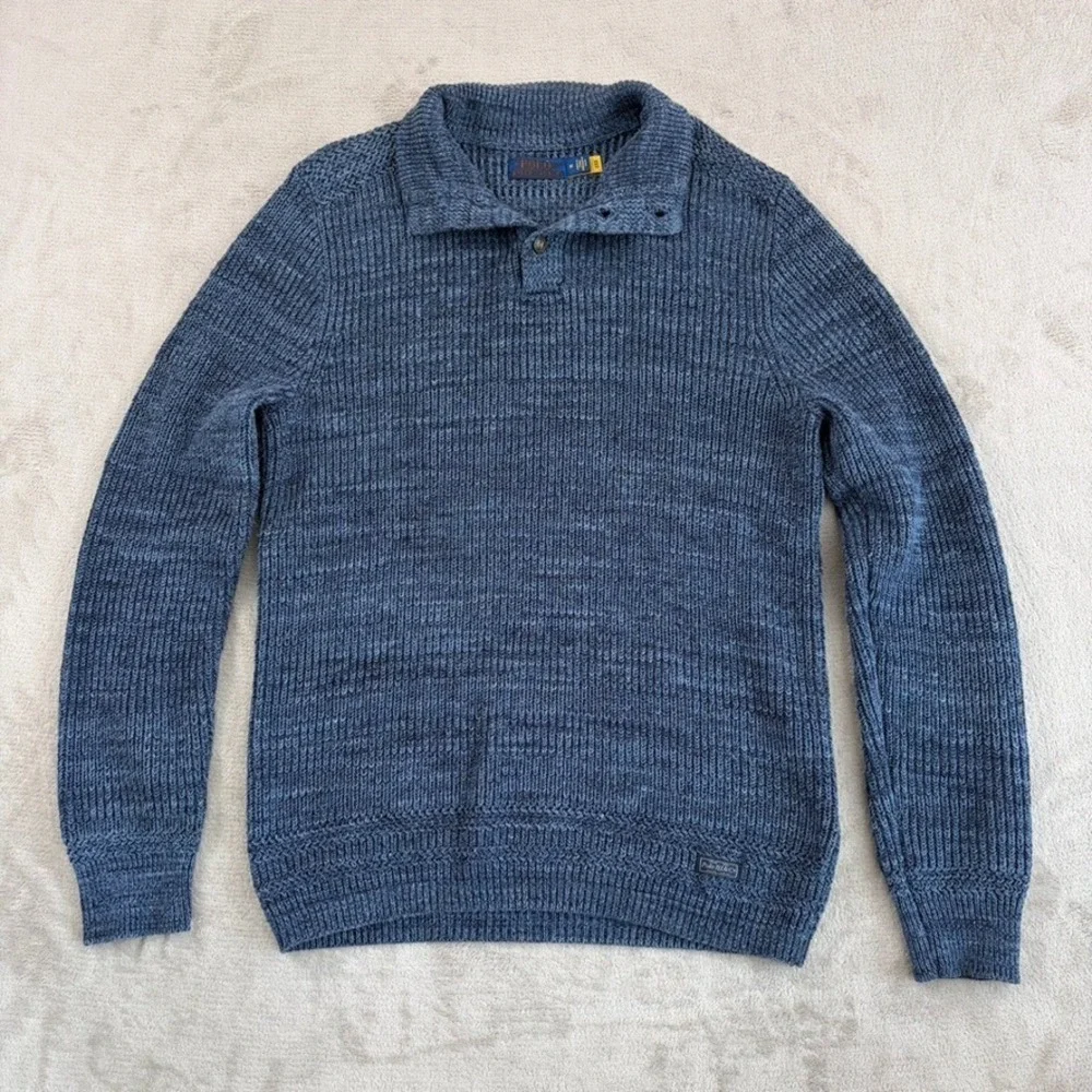 Polo Ralph Lauren Mock Neck Fisherman Knit Sweater Marl Blue‎ Men Medium NWOT